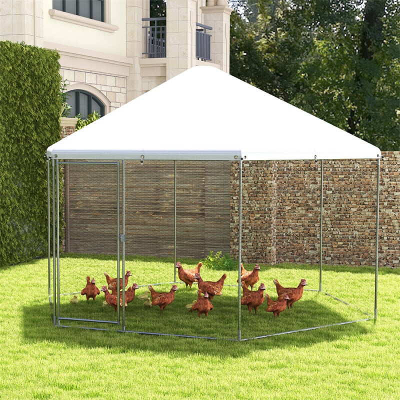 13FT Large Metal Chicken Coop Hexagon Walk-in Chicken Run Heavy Duty Galvanized Poultry Cage Hen House Rabbit Hutch with Waterproof Cover