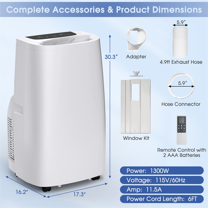 14000 BTU 4-in-1 Portable Air Conditioner with Cooling Fan Heat Dehumidifier Function & Remote Control