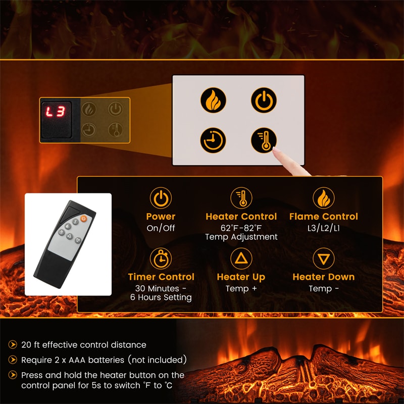 23" Electric Fireplace Insert 1400W Recessed Freestanding Fireplace Heater with Remote Control & Adjustable Flame