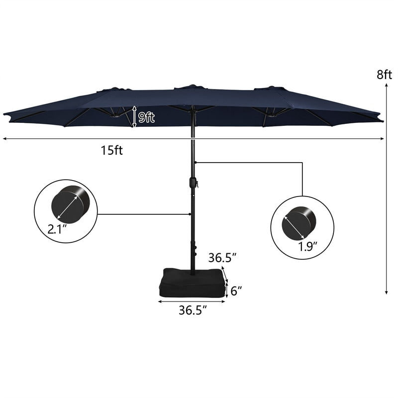 15FT Double-Sided Patio Umbrella Extra Large Outdoor Twin Market Umbrella with Crank Handle & Umbrella Base