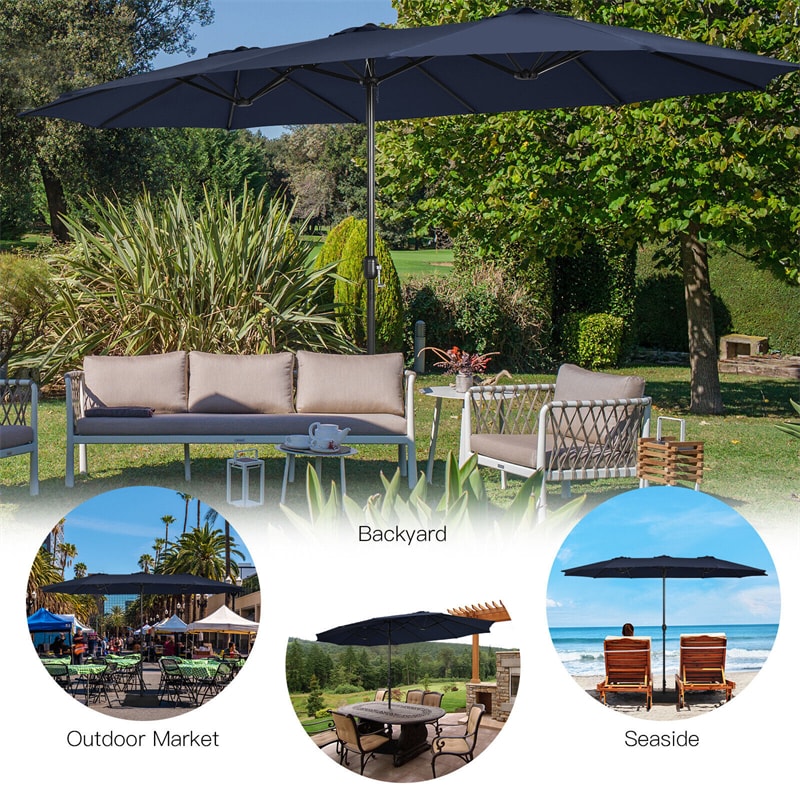 15FT Double-Sided Patio Umbrella Extra Large Outdoor Twin Market Umbrella with Crank Handle & Umbrella Base