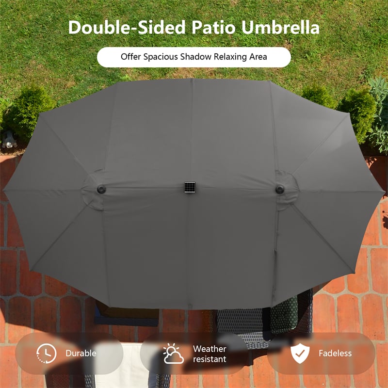 15FT Double-Sided Patio Umbrella Extra Large Outdoor Umbrella with 48 Solar LED Lights & Umbrella Base