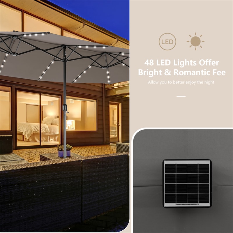 15FT Double-Sided Patio Umbrella Extra Large Outdoor Umbrella with 48 Solar LED Lights & Umbrella Base