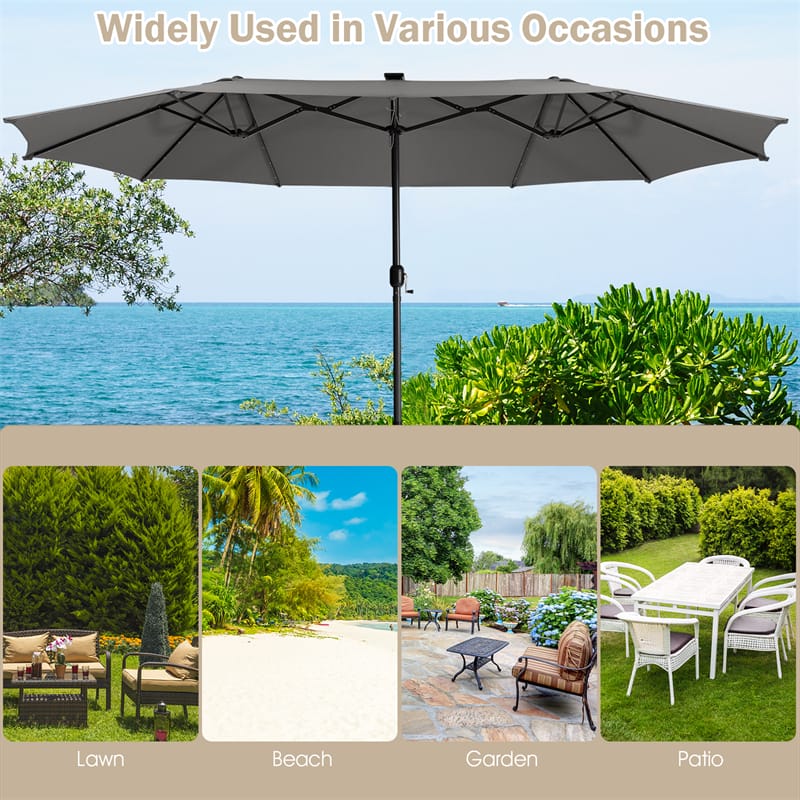 15FT Double-Sided Patio Umbrella Extra Large Outdoor Umbrella with 48 Solar LED Lights & Umbrella Base