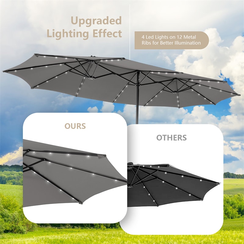 15FT Double-Sided Patio Umbrella Extra Large Outdoor Umbrella with 48 Solar LED Lights & Umbrella Base