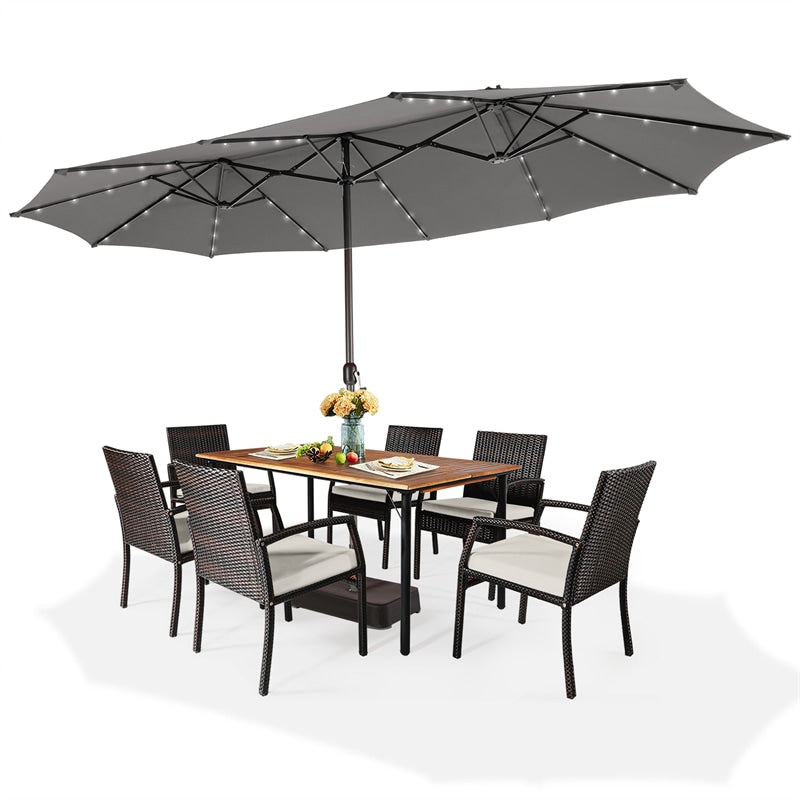 15FT Double-Sided Patio Umbrella Extra Large Outdoor Umbrella with 48 Solar LED Lights & Umbrella Base