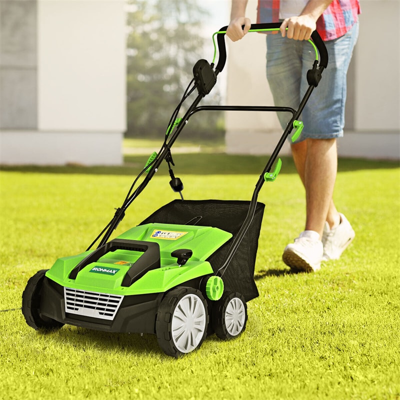 2-in-1 Electric Corded Lawn Dethatcher 15-Inch 13Amp Lawn Scarifier with 5 Cutting Heights, 13.5 Gallon Collection Bag & 2 Removable Blades