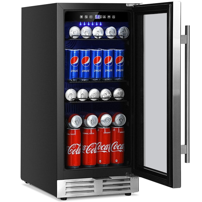 15" Beverage Refrigerator 100-Can Wine Beer Cooler Built-In/Freestanding Mini Drink Fridge with Glass Door & Removable Shelves