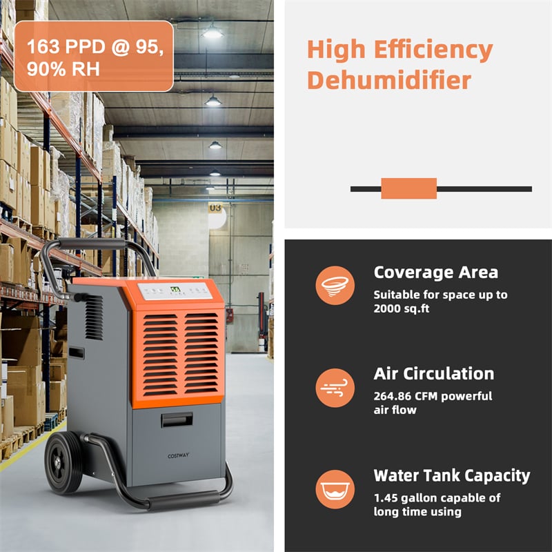 163 PPD Bucketless Commercial Dehumidifier 4000 sq.ft. Portable Industrial Dehumidifier for Large Basement with Drainage Pipe & 1.45 Gallon Water Tank