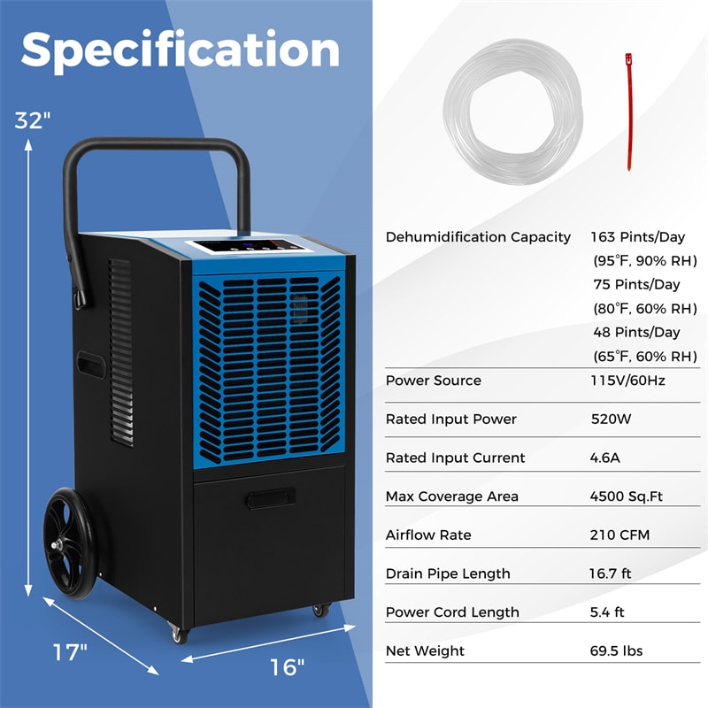 163 Pints Commercial Dehumidifier 4500 Sq.Ft Crawl Space Dehumidifier Heavy Duty Portable Industrial Dehumidifier with Pump, Drain Hose & Wheels