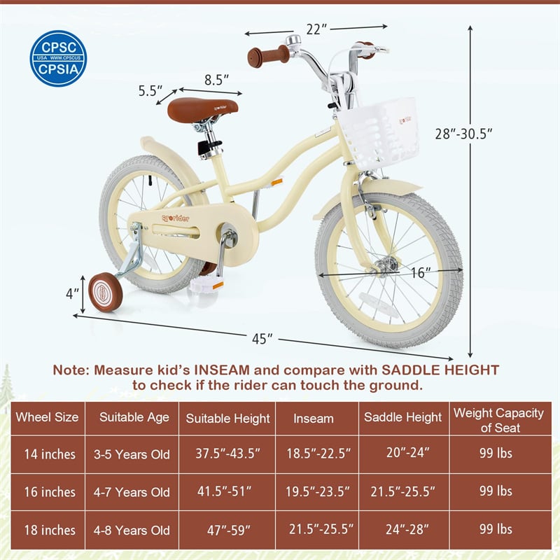 16" Kids Bike Toddler Bicycle with Training Wheels, Adjustable Seat & Removable Basket, Boys Girls Bike for 3-8 Years Old