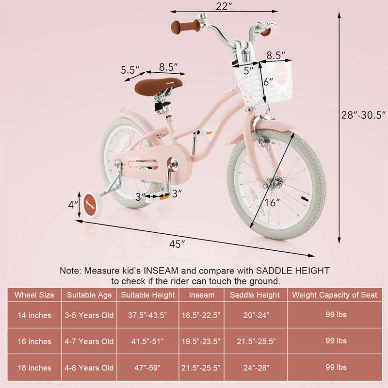 16" Kids Bike Toddler Bicycle with Training Wheels, Adjustable Seat & Removable Basket, Boys Girls Bike for 3-8 Years Old