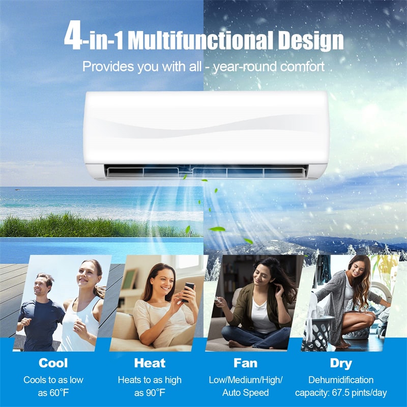 18000 BTU Mini Split Air Conditioner & Heater, 19 SEER2 208-230V Wall Ductless AC Unit Energy Efficient Inverter AC with Heat Pump for 1250 Sq.Ft