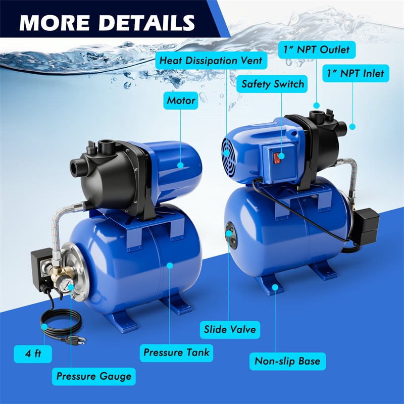 1.6HP Shallow Well Pump & Pressure Tank 1000GPH Home Garden Irrigation Booster Jet Pump 164 FT Stainless Steel Water Booster Pump