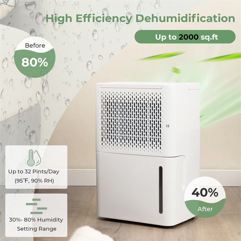 32 Pint Portable Dehumidifier for Home Basements, 2000 Sq. Ft Quite Dehumidifier with Drain Hose & 3 Modes 24H Timer