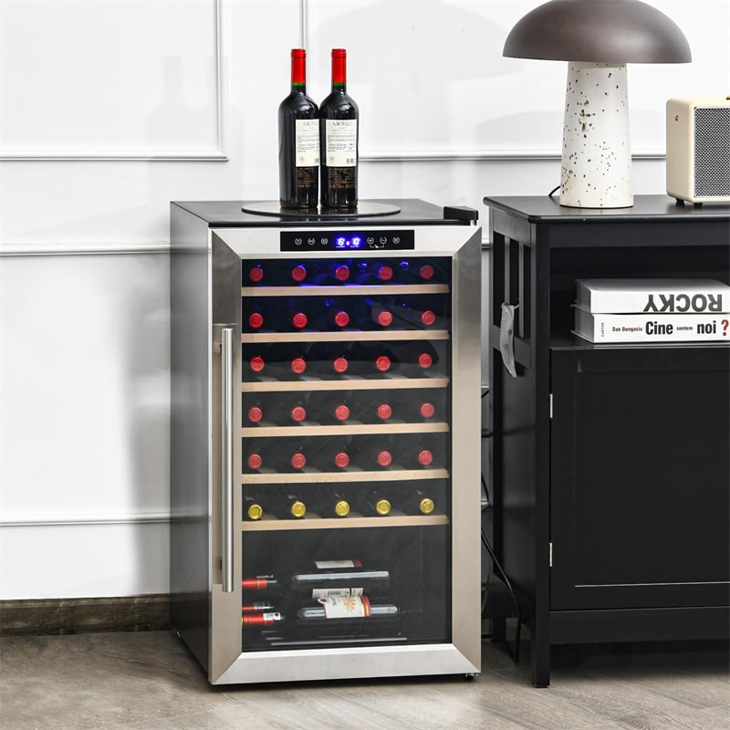 20" Wine Cooler 33-Bottle Wine Refrigerator Built-in Freestanding Mini Wine Fridge with Tempered Glass Door & Dual Alarm Function