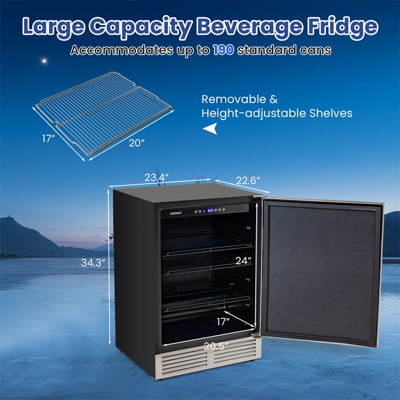 24" Beverage Refrigerator 190-Can Undercounter Beverage Cooler Built-in Freestanding Drink Fridge with Removable Shelves