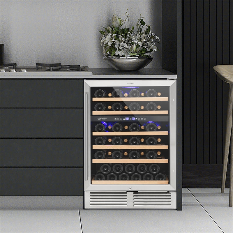 24" Wine Cooler 51 Bottles Dual Zone Wine Refrigerator Built-In Freestanding Wine Fridge with Stainless Steel Tempered Glass Door & Safety Lock