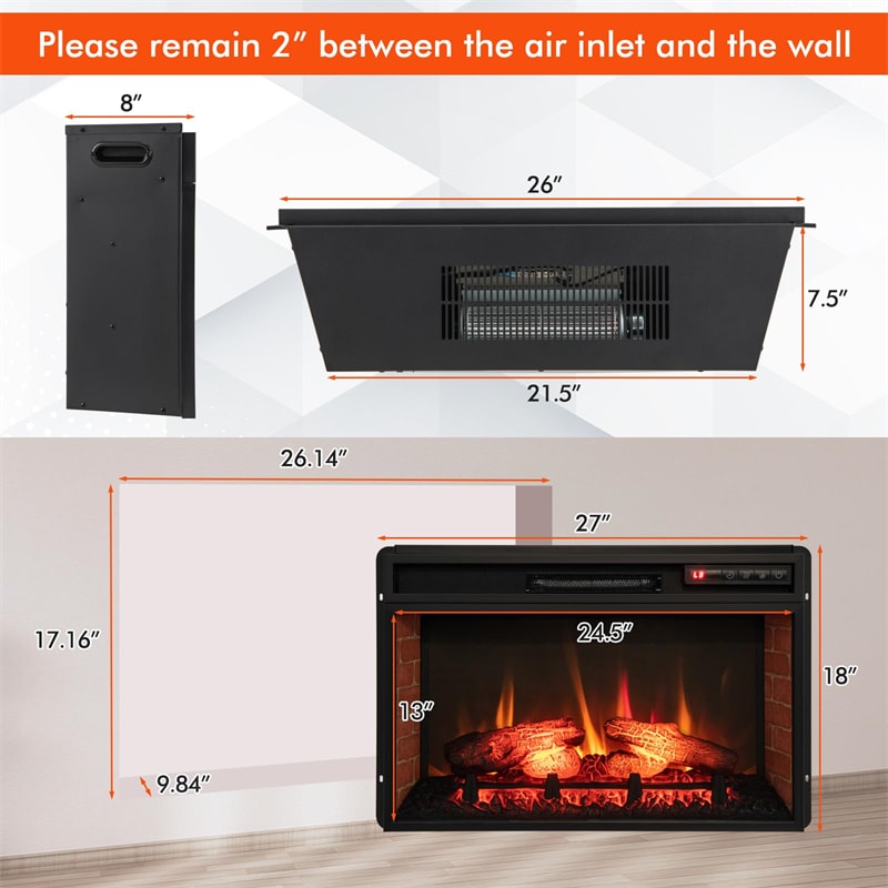 26" Electric Fireplace Insert Infrared Quartz 1400W Recessed Freestanding Fireplace Heater with Remote Control & 3D Flame Effect