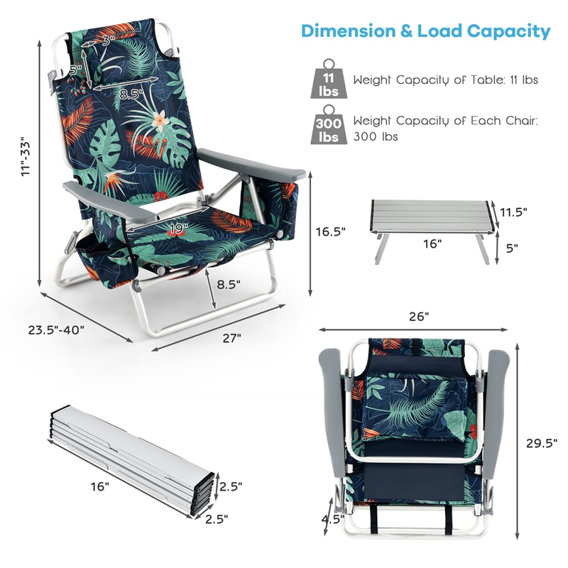 3 Pcs Outdoor Folding Backpack Beach Chairs 5-Position Sling Chair Set with Side Table