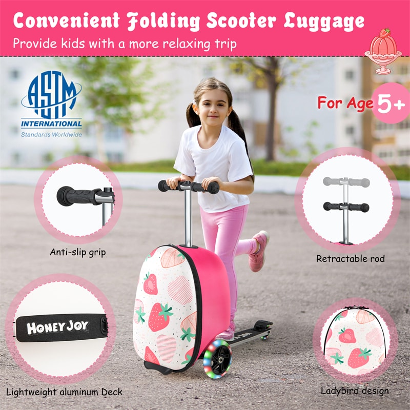 2-in-1 Hardshell Ride on Scooter Suitcase Kids Folding Scooter Luggage with Lighted Wheels & Retractable Handle