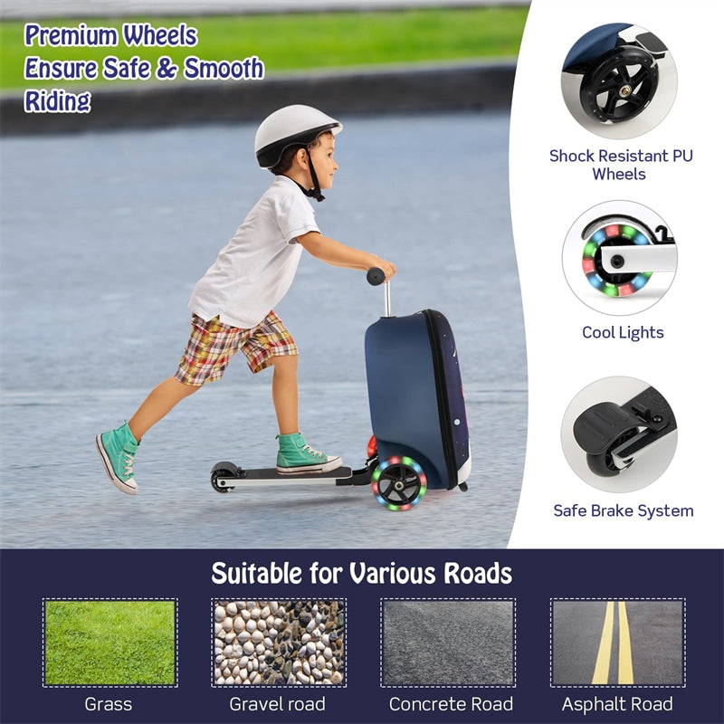 2-in-1 Hardshell Ride on Scooter Suitcase Kids Folding Scooter Luggage with Lighted Wheels & Retractable Handle