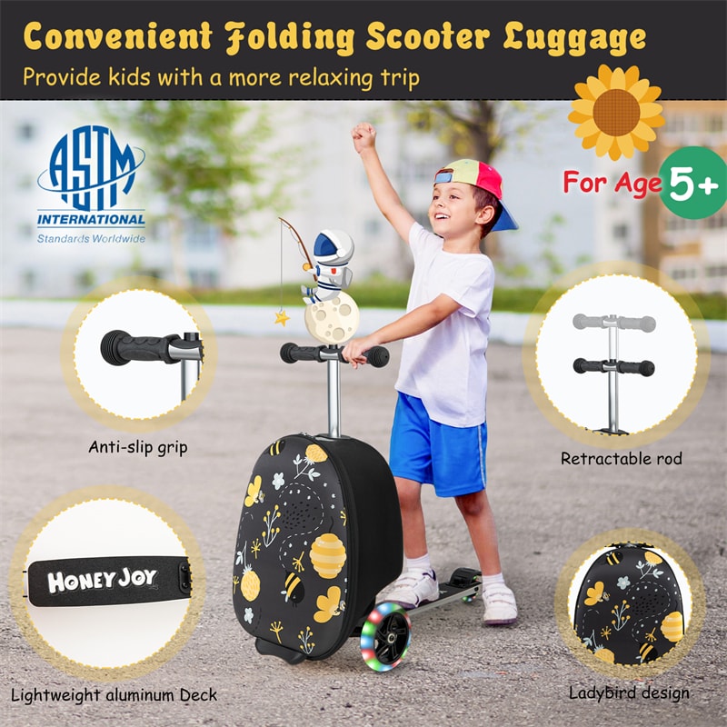 2-in-1 Hardshell Ride on Scooter Suitcase Kids Folding Scooter Luggage with Lighted Wheels & Retractable Handle