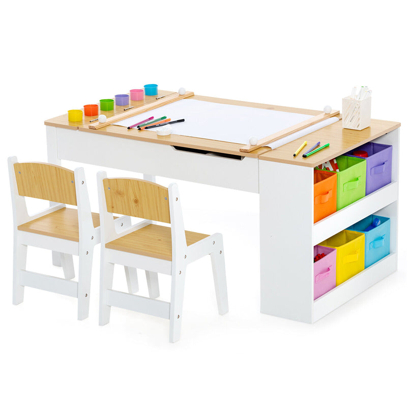 2-in-1 Kids Table and Chair Set Wooden Art Easel Activity Table with Paper Roller, 6 Paint Cups & 6 Storage Bins