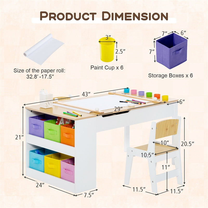 2-in-1 Kids Table and Chair Set Wooden Art Easel Activity Table with Paper Roller, 6 Paint Cups & 6 Storage Bins