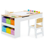 2-in-1 Kids Table and Chair Set Wooden Art Easel Activity Table with Paper Roller, 6 Paint Cups & 6 Storage Bins