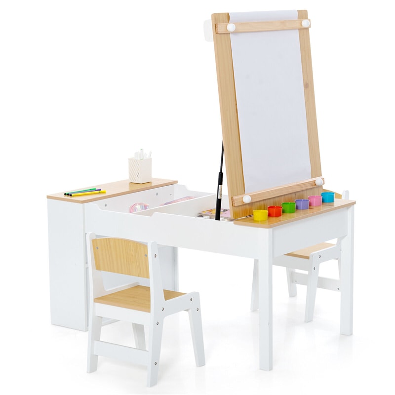 2-in-1 Kids Table and Chair Set Wooden Art Easel Activity Table with Paper Roller, 6 Paint Cups & 6 Storage Bins