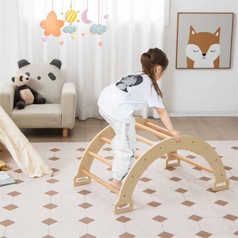 3-in-1 Montessori Climbing Arch Rocker Wooden Arch Climber Ladder Structure Pikler Arch Climbing Toys with Cozy Cushion for Toddlers Kids Gift