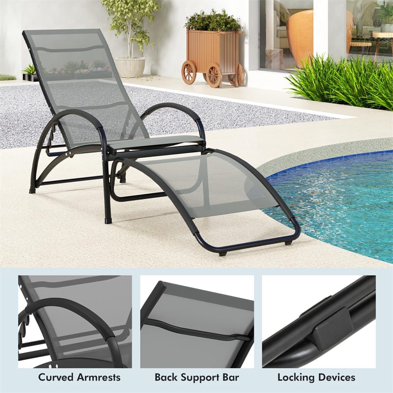 2-in-1 Outdoor Rocking Chaise Lounge Fabric Patio Convertible Lounge Chair with 4-Position Adjustable Backrest, Curved Armrests, Aluminum Frame