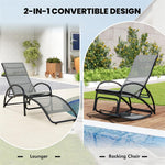 2-in-1 Outdoor Rocking Chaise Lounge Fabric Patio Convertible Lounge Chair with 4-Position Adjustable Backrest, Curved Armrests, Aluminum Frame