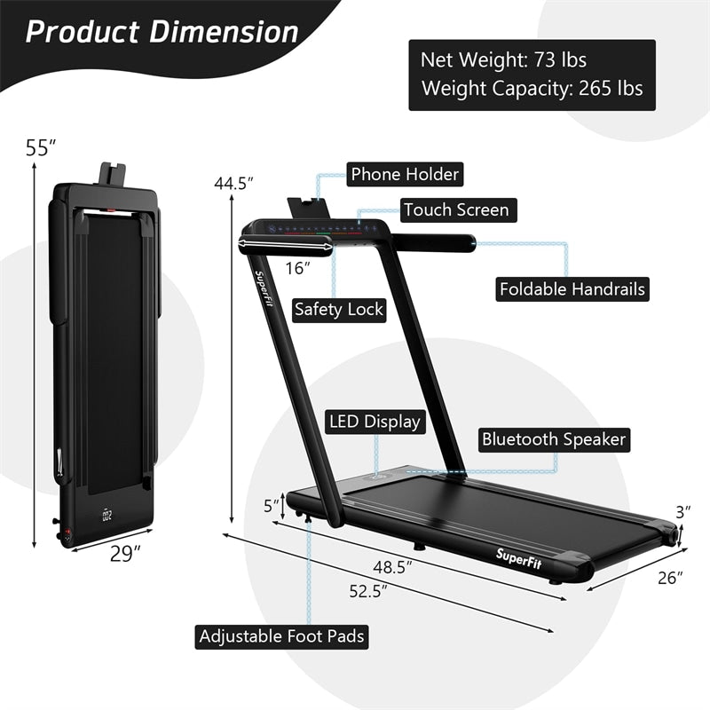 2-in-1 Under Desk Treadmill 2.5HP Superfit Folding Treadmill Walking Jogging Machine Dual Display Screen with APP Control for Home Office