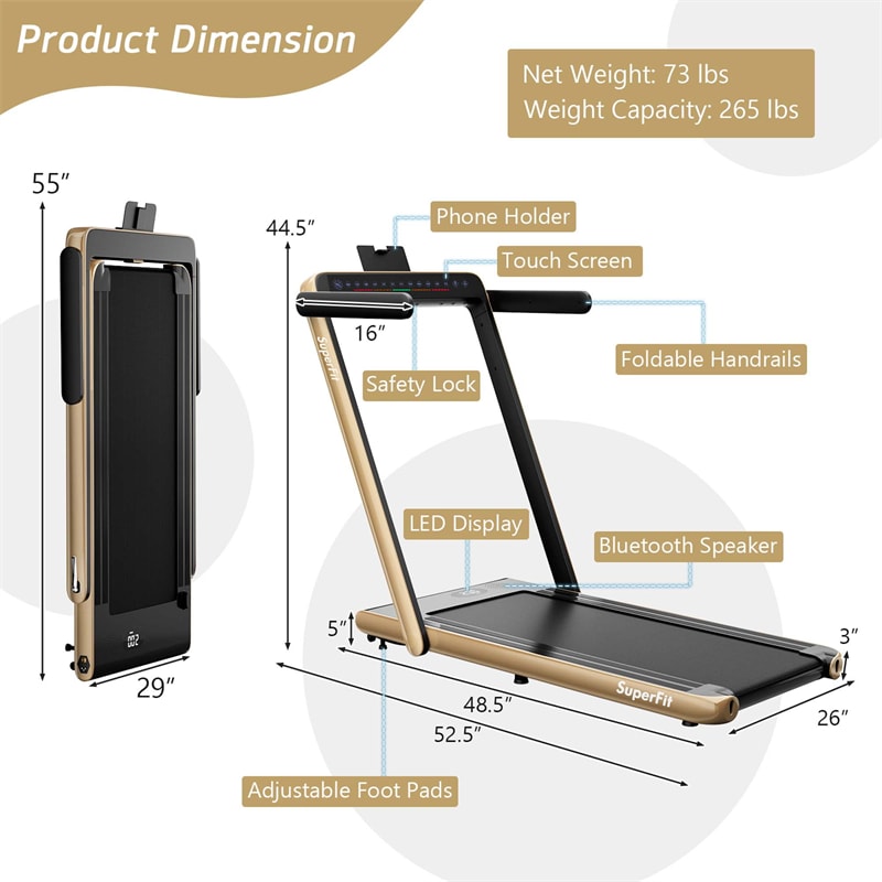 2-in-1 Under Desk Treadmill 2.5HP Superfit Folding Treadmill Walking Jogging Machine Dual Display Screen with APP Control for Home Office