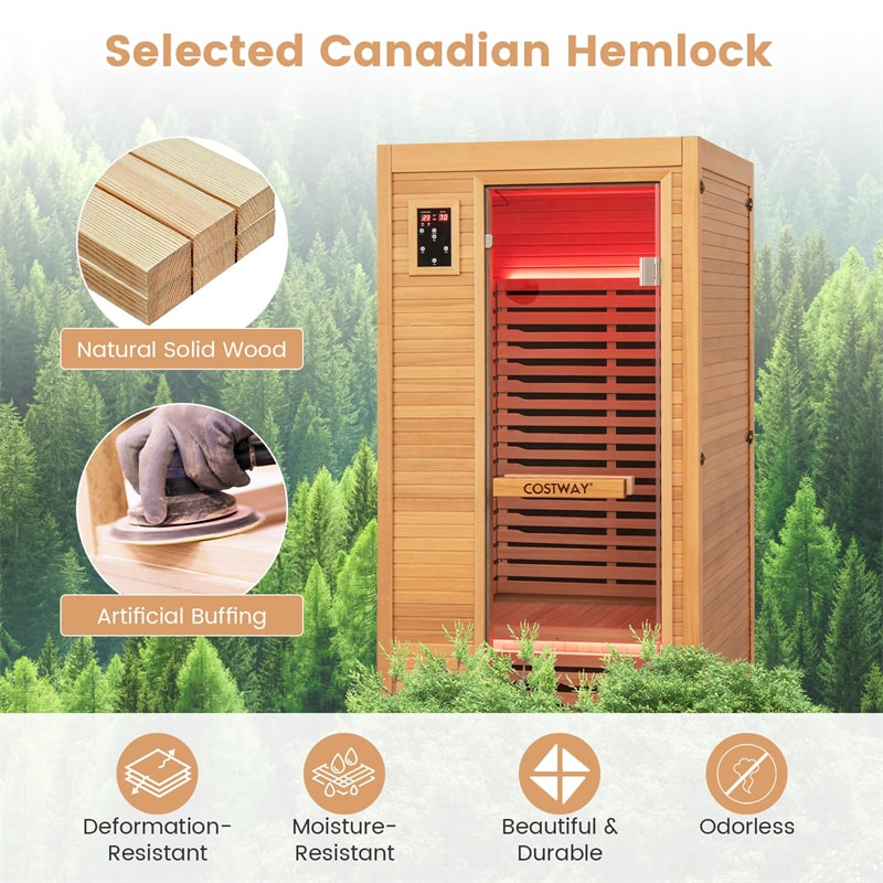 1-2 Person Far Infrared Wooden Sauna Room Canadian Hemlock Indoor Low EMF Sauna for Home with 9 Carbon Heaters, Oxygen Ionizer, Bluetooth Speakers