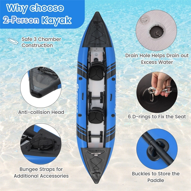 2-Person Inflatable Kayak Set for Adults EVA Padded Seat Portable Touring Kayaks with 2 Aluminium Oars, 2 Fins, Hand Pump, 507LBS Weight Capacity