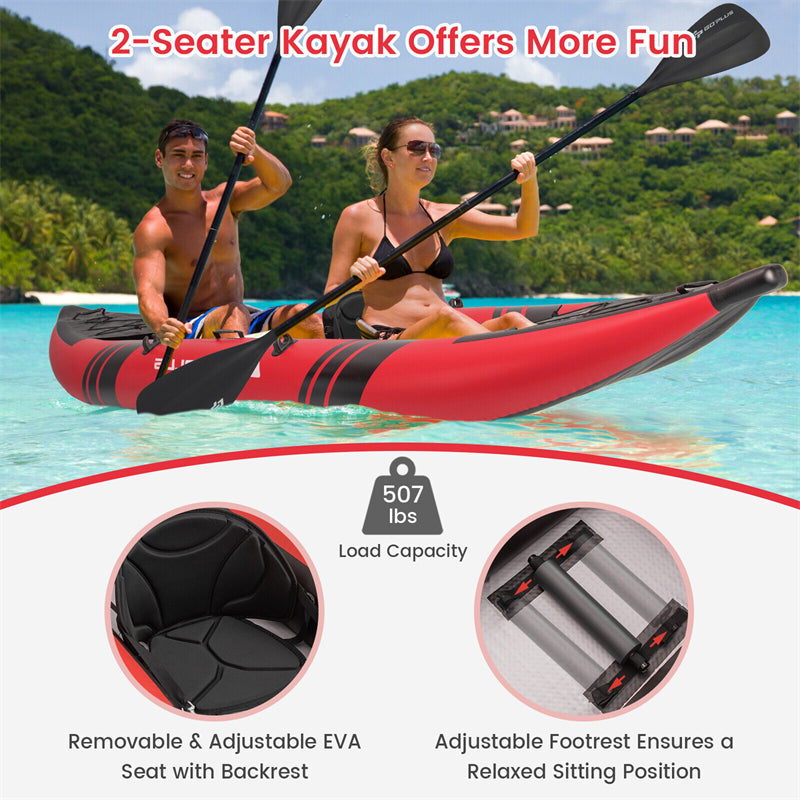 2-Person Inflatable Kayak Set for Adults EVA Padded Seat Portable Touring Kayaks with 2 Aluminium Oars, 2 Fins, Hand Pump, 507LBS Weight Capacity