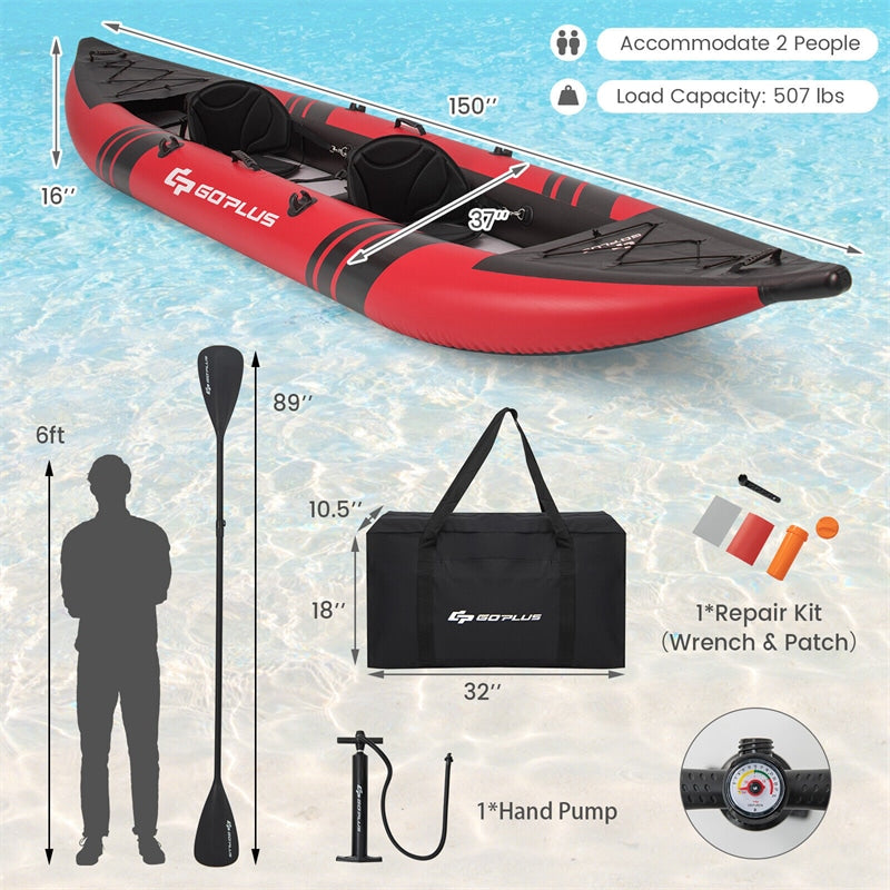 2-Person Inflatable Kayak Set for Adults EVA Padded Seat Portable Touring Kayaks with 2 Aluminium Oars, 2 Fins, Hand Pump, 507LBS Weight Capacity