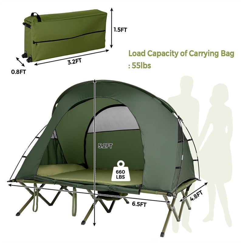 2-Person Tent Cot 4-in-1 Folding Camping Cot Tent Elevated Tent with Waterproof Rainfly Self-Inflating Mattress & Roller Carry Bag