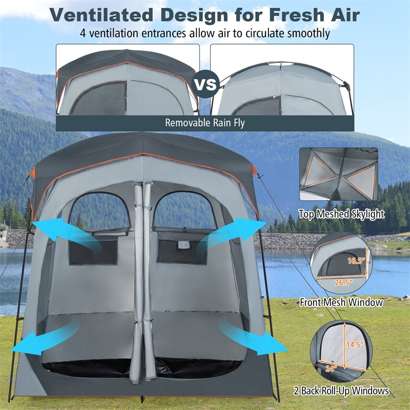 2 Room Shower Tent Oversize Camping Privacy Shelter Portable Outdoor Shower Tent Dressing Toilet with Floor & Removable Rain Fly