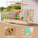 2-Seat Hanging Porch Swing Wood Outdoor Patio Swing Bench with Folding Cup Holder & Metal Chains