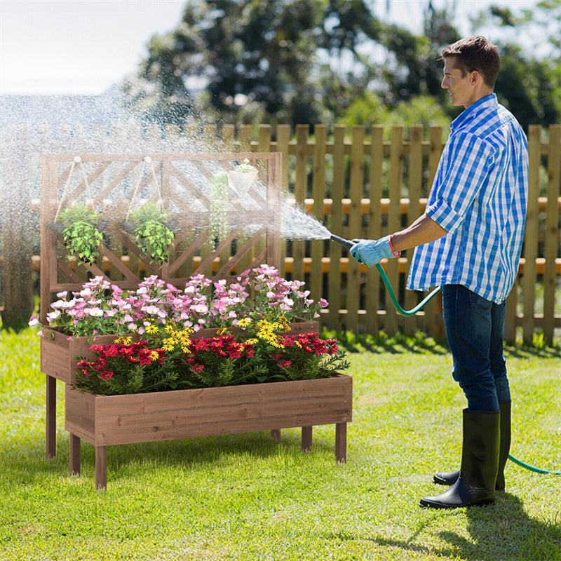 2-Tier Wooden Elevated Planter Box with Trellis & Drain Holes, Trellis Raised Garden Bed for Climbing Vegetable Flower Plants