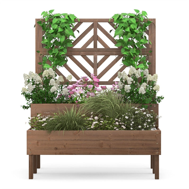 2-Tier Wooden Elevated Planter Box with Trellis & Drain Holes, Trellis Raised Garden Bed for Climbing Vegetable Flower Plants