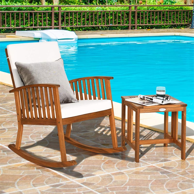 2-Piece Outdoor Rocking Bistro Set Acacia Wood Garden Patio Rocking Chair with Tea Table, Detachable Back & Seat Cushions