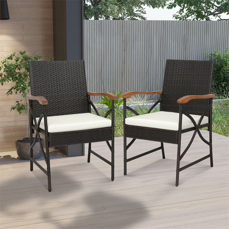 2pcs PE Rattan Patio Dining Chairs All-Weather Wicker Outdoor Armchairs with Soft Cushions, Acacia Wood Armrests & Heavy-Duty Metal Frame