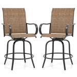 Outdoor Swivel Bar Stools Set of 2 All-Weather Steel Frame Bar Height Patio Chairs with Curved Armrests, High Back & Cozy Footrest