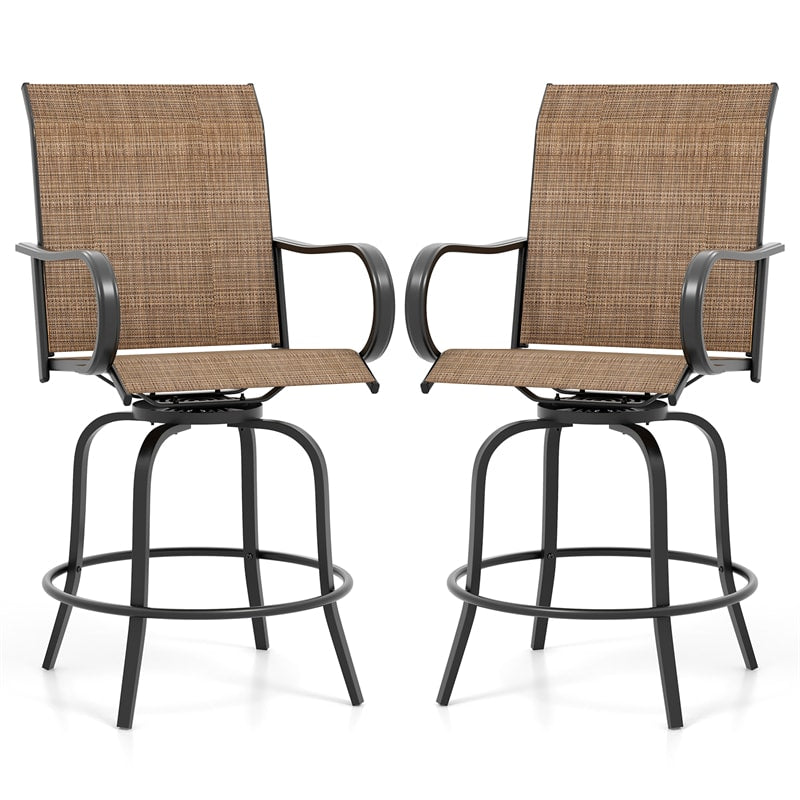 Outdoor Swivel Bar Stools Set of 2 All-Weather Steel Frame Bar Height Patio Chairs with Curved Armrests, High Back & Cozy Footrest