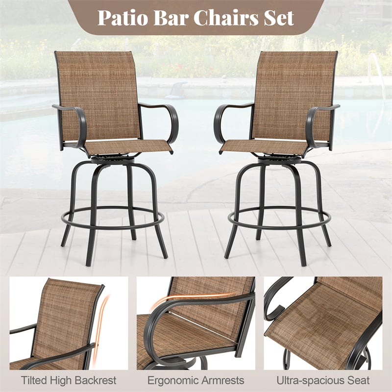 Outdoor Swivel Bar Stools Set of 2 All-Weather Steel Frame Bar Height Patio Chairs with Curved Armrests, High Back & Cozy Footrest